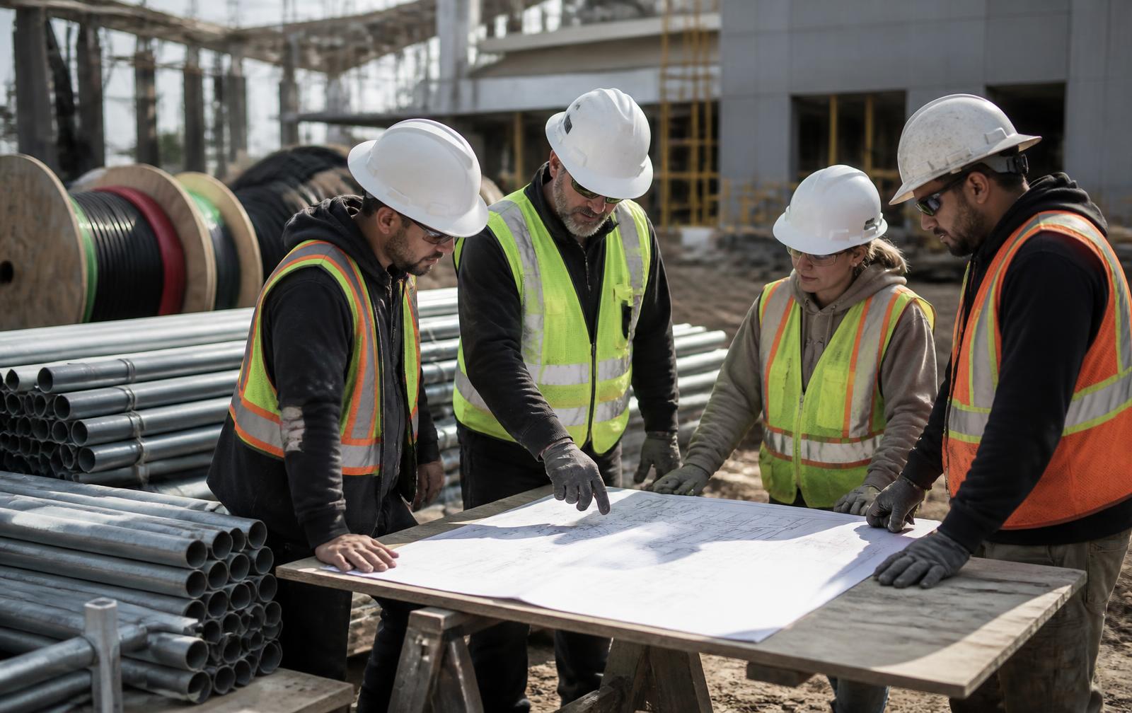 Field supervisor and crew reviewing construction drawings on site