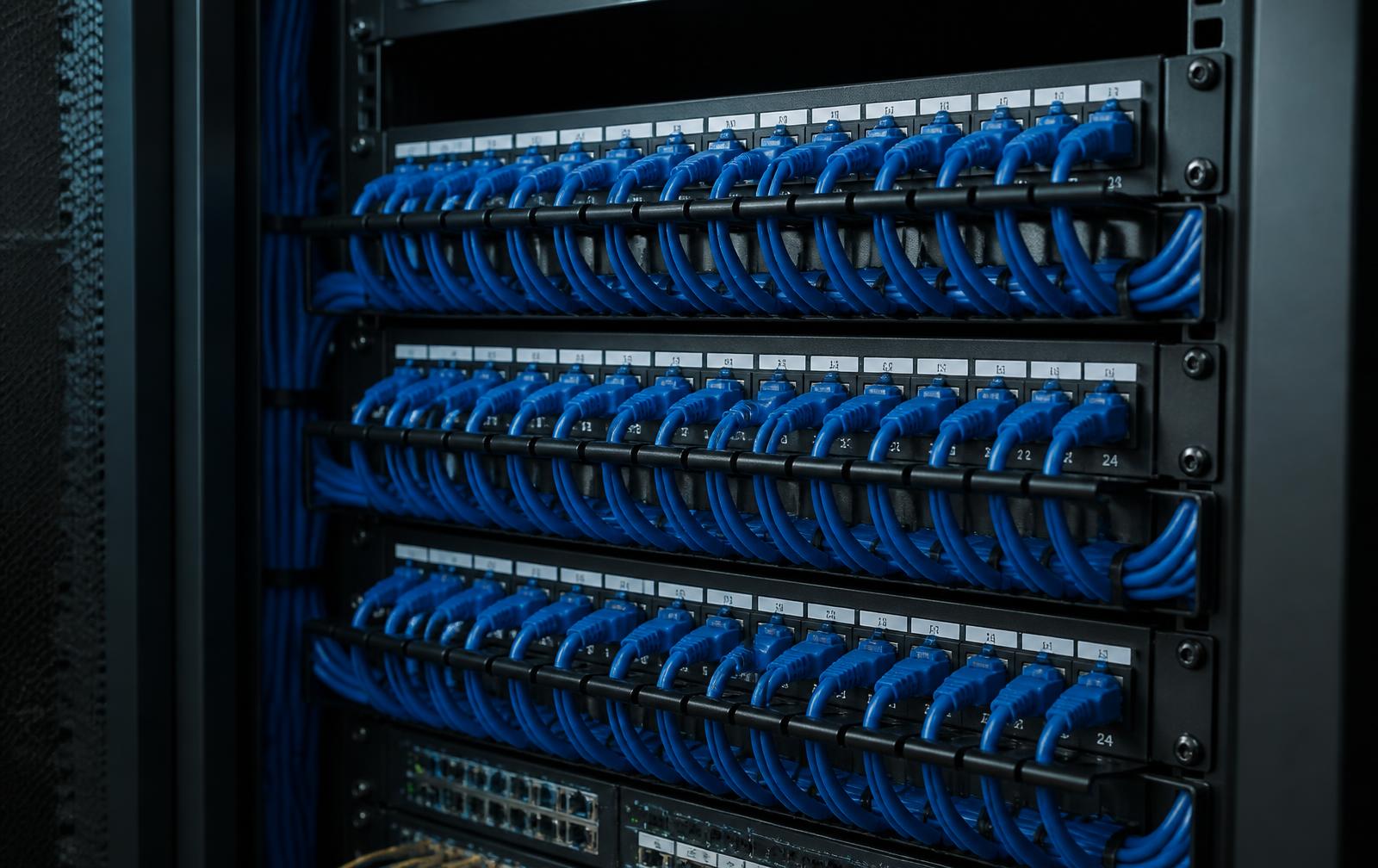 Structured cabling patch panel with organized CAT6 cabling