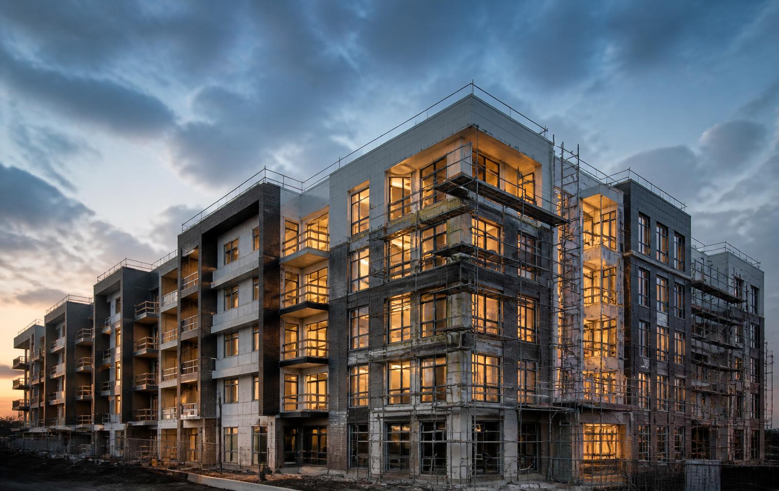 Multifamily building under construction at dusk